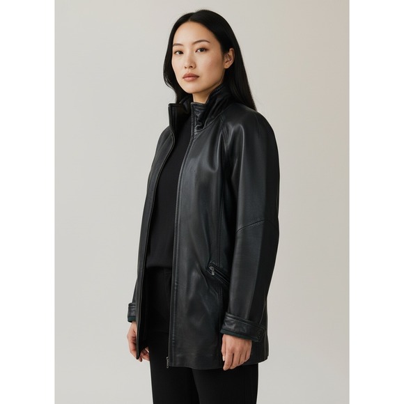 Liz Claiborne Jackets & Blazers - Vintage Y2K LIZ CLAIBORNE Black Leather Car Coat Jacket Zip Sz M Minimalist Goth